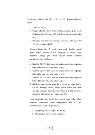 73
Contoh:Akan dihitung nilai P(0 < Z < 2,13), langkah-langkahnya
adalah:
a. 2,13 = 2,1 + 0,03.
b. Dengan tabel luas kurva normal standar, dicari 2,1 pada kolom
Z (kolom paling kiri) dan 0,03 pada baris pertama (baris paling
atas).
c. Pertemuan baris 0,03 dan kolom 2,1 merupakan nilai Z dari P(0
< Z < 2,13), yaitu 0,4834.
Beberapa bagian luas di bawah kurva untuk distribusi normal
umum dengan rata-rata 𝜇 dan simpangan 𝜎 tertentu, dapat
ditentukan. Artinya, jika sebuah kejadian memiliki distribusi
normal maka dari kejadian itu:
a. Kira-kira 68,27% dari kasus ada dalam daerah satu simpangan
baku sekitar rata-rata, yaitu antara 𝜇 ± 𝜎.
b. Kira-kira 95,45% dari kasus ada dalam daerah dua simpangan
baku sekitar rata-rata, yaitu antara 𝜇 ± 2𝜎.
c. Kira-kira 99,73% dari kasus ada dalam daerah tiga simpangan
baku sekitar rata-rata, yaitu antara 𝜇 ± 3𝜎.
d. Sekalipun secara teoritis ujung kurva normal ke kanan dan ke
kiri tak berhingga jauhnya, namun praktis dalam jarak lebih
dari tiga simpangan baku dari rata-ratanya (𝜇 ± 3𝜎) luas kurva
normal itu tidak berarti lagi (kurang dari 1%).
Untuk menentukan luas daerah kurva normal (yang bukan baku)
dilakukan transformasi dengan menggunakan nilai Z. Cara
transformasinya adalah sebagai berikut.
a. Menghitung nilai Z sampai dua desimal.
b. Menggambar kurva normal standarnya.
 