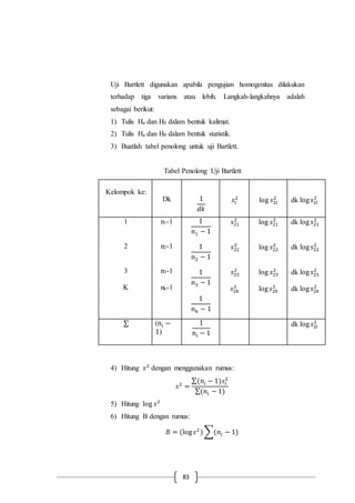 83
Uji Bartlett digunakan apabila pengujian homogenitas dilakukan
terhadap tiga varians atau lebih. Langkah-langkahnya adalah
sebagai berikut:
1) Tulis Ha dan H0 dalam bentuk kalimat.
2) Tulis Ha dan H0 dalam bentuk statistik.
3) Buatlah tabel penolong untuk uji Bartlett.
Tabel Penolong Uji Bartlett
Kelompok ke:
Dk 1
𝑑𝑘
𝑠𝑖
2
log 𝑠2𝑖
2
dk log 𝑠2𝑖
2
1
2
3
K
n1-1
n2-1
n3-1
nk-1
1
n1 − 1
1
n2 − 1
1
n3 − 1
1
nk − 1
𝑠21
2
𝑠22
2
𝑠23
2
𝑠2𝑘
2
log 𝑠21
2
log 𝑠22
2
log 𝑠23
2
log 𝑠2𝑘
2
dk log 𝑠21
2
dk log 𝑠22
2
dk log 𝑠23
2
dk log 𝑠2𝑘
2
∑ (ni −
1)
1
ni − 1
dk log 𝑠2𝑖
2
4) Hitung 𝑠2
dengan menggunakan rumus:
𝑠2
=
∑(𝑛𝑖 − 1)𝑠𝑖
2
∑(𝑛𝑖 − 1)
5) Hitung log 𝑠2
6) Hitung B dengan rumus:
𝐵 = (log 𝑠2
)∑(𝑛𝑖 − 1)
 