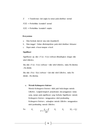 96
𝑍 = Transformasi dari angka ke notasi pada distribusi normal
𝐹( 𝑋) = Probabilitas komulatif normal
𝑆( 𝑋) = Probabilitas komulatif empiris
Persyaratan
a. Data berskala interval atau ratio (kuantitatif)
b. Data tunggal / belum dikelompokkan pada tabel distribusi frekuensi
c. Dapat untuk n besar maupun n kecil.
Signifikasi
Signifikansi uji, nilai | F (x) - S (x) | terbesar dibandingkan dengan nilai
tabel Lilliefors.
Jika nilai | F (x) - S (x) | terbesar < nilai tabel Lilliefors, maka Ho diterima
; Ha ditolak.
Jika nilai | F(x) - S(x) | terbesar > dari nilai tabel Lilliefors, maka Ho
ditolak ; Ha diterima.
c. Metode Kolmogorov-Smirnov
Metode Kolmogorov-Smirnov tidak jauh beda dengan metode
Lilliefors. Langkah-langkah penyelesaian dan penggunaan rumus
sama, namun pada signifikansi yang berbeda. Signifikansi metode
Kolmogorov-Smirnov menggunakan tabel pembanding
Kolmogorov-Smirnov, sedangkan metode Lilliefors menggunakan
tabel pembanding metode Lilliefors.
No 𝑋𝑖
𝑍 =
𝑋𝑖 − 𝑋̅
𝑆𝐷
𝐹𝑇 𝐹𝑆 | 𝐹𝑇 − 𝐹𝑆 |
 