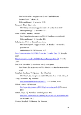 111
http://metodestatistik.blogspot.co.id/2011/05/tabel-distribusi-
frekuensi.html#.VltJknYrLDc
Diaksespadatanggal 28 november 2015.
Primasanti, Iftitah. Ujihipotesis.
http://iftitahprimasanti.blogspot.com/2012/05/uji-hipotesis.html#
Diaksespadatanggal 28 November 2015
Untari, RinaDwi. Distribusi Binomial.
http://rinadwiuntari.blogspot.com/2012/12/distribusi-binomial.html#
Diaksespadatanggal 28 November 2015
Lailiyah,Intan. Distribusi binomial danpoisson.
http://intanlailiyah98.blogspot.com/2013/04/distribusi-binomial-dan-
poisson.html#
diaksespadatanggal 28 November 2015
https://www.academia.edu/9325441/Pengertian_Penyajian_Data (28 November
2015)
https://www.scribd.com/doc/49584241/Tujuan-Penyajian-Data (28 November
2015)
Putri, Ratu Ilma Indra. Uji Normalitas dan Uji Homogenitas.
http://ilma69.files.wordpress.com/2012/10/uji-normalitas-dan-homogenitas-
ri.pdf
Putri, Ratu Ilma Indra. Uji Hipotesis 1 dan 2 Rata-Rata
http://ilma69.files.wordpress.com/2012/10/uji-hipotesis-12-rata-rata1.pdf
Yusup, Muhammad. Uji Normalitas
http://yourmath.wordpress.com/tabel-Z/ (10 November 2015)
Hidayat, Anwar. Uji Normalitas
http://www.statistikian.com/2013/01/uji-normalitas.html (10 November
2015)
Hafizah, Ellyna. Uji Normalitas dan Homogenitas Data
http://www.academia.edu/6774849/Uji-Normalitas-dan-Homogenitas-data
(30 November 2015)
Kesuma, Dera Puji. Uji Hipotesis Dua Rata-rata
 