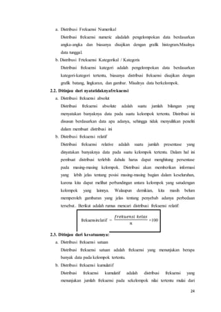 24
a. Distribusi Frekuensi Numerikal
Distribusi frekuensi numeric aladalah pengelompokan data berdasarkan
angka-angka dan biasanya disajikan dengan grafik histogram.Misalnya
data tunggal.
b. Distribusi Frtekuensi Kategorikal / Kategoris
Distribusi frekuensi kategori adalah pengelompokan data berdasarkan
kategori-kategori tertentu, biasanya distribusi frekuensi disajikan dengan
grafik batang, lingkaran, dan gambar. Misalnya data berkelompok.
2.2. Ditinjau dari nyatatidaknyafrekuensi
a. Distribusi frekuensi absolut
Distribusi frekuensi absolute adalah suatu jumlah bilangan yang
menyatakan banyaknya data pada suatu kelompok tertentu. Distribusi ini
disusun berdasarkan data apa adanya, sehingga tidak menyulitkan peneliti
dalam membuat distribusi ini
b. Distribusi frekuensi relatif
Distribusi frekuensi relative adalah suatu jumlah presentase yang
dinyatakan banyaknya data pada suatu kelompok tertentu. Dalam hal ini
pembuat distribusi terlebih dahulu harus dapat menghitung persentase
pada masing-masing kelompok. Distribusi akan memberikan informasi
yang lebih jelas tentang posisi masing-masing bagian dalam keseluruhan,
karena kita dapat melihat perbandingan antara kelompok yang satudengan
kelompok yang lainnya. Walaupun demikian, kita masih belum
memperoleh gambaran yang jelas tentang penyebab adanya perbedaan
tersebut.. Berikut adalah rumus mencari distribusi frekuensi relatif:
frekuensirelatif =
𝑓𝑟𝑒𝑘𝑢𝑒𝑛𝑠𝑖 𝑘𝑒𝑙𝑎𝑠
𝑛
×100
2.3. Ditinjau dari kesatuannya:
a. Distribusi frekuensi satuan
Distribusi frekuensi satuan adalah frekuensi yang menunjukan berapa
banyak data pada kelompok tertentu.
b. Distribusi frekuensi kumulatif
Distribusi frekuensi kumulatif adalah distribusi frekuensi yang
menunjukan jumlah frekuensi pada sekelompok nilai tertentu mulai dari
 