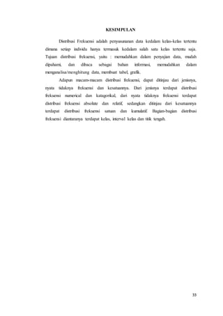 33
KESIMPULAN
Distribusi Frekuensi adalah penyusunanan data kedalam kelas-kelas tertentu
dimana setiap individu hanya termasuk kedalam salah satu kelas tertentu saja.
Tujuan distribusi frekuensi, yaitu : memudahkan dalam penyajian data, mudah
dipahami, dan dibaca sebagai bahan informasi, memudahkan dalam
menganalisa/menghitung data, membuat tabel, grafik.
Adapun macam-macam distribusi frekuensi, dapat ditinjau dari jenisnya,
nyata tidaknya frekuensi dan kesatuannya. Dari jenisnya terdapat distribusi
frekuensi numerical dan katagorikal, dari nyata tidaknya frekuensi terdapat
distribusi frekuensi absolute dan relatif, sedangkan ditinjau dari kesatuannya
terdapat distribusi frekuensi satuan dan kumulatif. Bagian-bagian distribusi
frekuensi diantaranya terdapat kelas, interval kelas dan titik tengah.
 
