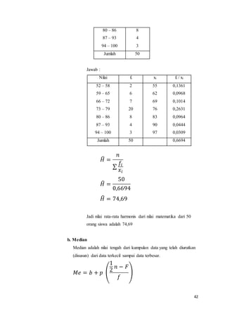 42
80 – 86
87 – 93
94 – 100
8
4
3
Jumlah 50
Jawab :
Nilai fi xi fi / xi
52 – 58
59 – 65
66 – 72
73 – 79
80 – 86
87 – 93
94 – 100
2
6
7
20
8
4
3
55
62
69
76
83
90
97
0,1361
0,0968
0,1014
0,2631
0,0964
0,0444
0,0309
Jumlah 50 0,6694
𝐻̂ =
𝑛
∑
𝑓𝑖
𝑥𝑖
𝐻̂ =
50
0,6694
𝐻̂ = 74,69
Jadi nilai rata-rata harmonis dari nilai matematika dari 50
orang siswa adalah 74,69
b. Median
Median adalah nilai tengah dari kumpulan data yang telah diurutkan
(disusun) dari data terkecil sampai data terbesar.
𝑀𝑒 = 𝑏 + 𝑝 (
1
2
𝑛 − 𝐹
𝑓
)
 