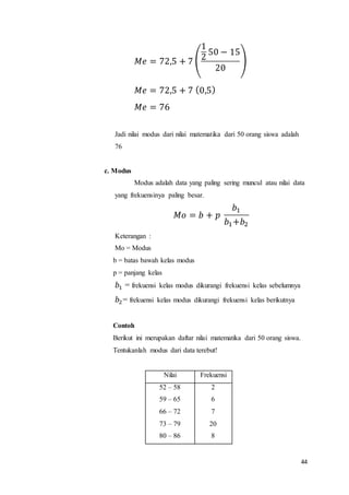 44
𝑀𝑒 = 72,5 + 7 (
1
2
50 − 15
20
)
𝑀𝑒 = 72,5 + 7 (0,5)
𝑀𝑒 = 76
Jadi nilai modus dari nilai matematika dari 50 orang siswa adalah
76
c. Modus
Modus adalah data yang paling sering muncul atau nilai data
yang frekuensinya paling besar.
𝑀𝑜 = 𝑏 + 𝑝
𝑏1
𝑏1+𝑏2
Keterangan :
Mo = Modus
b = batas bawah kelas modus
p = panjang kelas
𝑏1 = frekuensi kelas modus dikurangi frekuensi kelas sebelumnya
𝑏2= frekuensi kelas modus dikurangi frekuensi kelas berikutnya
Contoh
Berikut ini merupakan daftar nilai matematika dari 50 orang siswa.
Tentukanlah modus dari data terebut!
Nilai Frekuensi
52 – 58
59 – 65
66 – 72
73 – 79
80 – 86
2
6
7
20
8
 