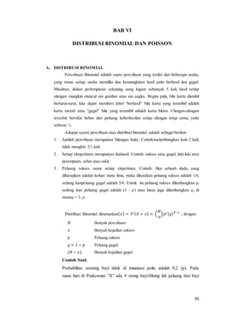65
BAB VI
DISTRIBUSI BINOMIAL DAN POISSON
A. DISTRIBUSI BINOMIAL
Percobaan Binomial adalah suatu percobaan yang terdiri dari beberapa usaha,
yang mana setiap usaha memiliki dua kemungkinan hasil yaitu berhasil dan gagal.
Misalnya, dalam perlemparan sekeping uang logam sebanyak 5 kali, hasil setiap
ulangan mungkin muncul sisi gambar atau sisi angka. Begitu pula, bila kartu diambil
berturut-turut, kita dapat memberi label “berhasil” bila kartu yang terambil adalah
kartu merah atau “gagal” bila yang terambil adalah kartu hitam. Ulangan-ulangan
tersebut bersifat bebas dan peluang keberhasilan setiap ulangan tetap sama, yaitu
sebasar ½.
Adapun syarat percobaan atau distribusi binomial adalah sebagai berikut:
1. Jumlah percobaan merupakan bilangan bulat. Contoh:melambungkan koin 2 kali,
tidak mungkin 2½ kali.
2. Setiap eksperimen mempunyai duahasil. Contoh: sukses atau gagal, laki-laki atau
perempuan, sehat atau sakit.
3. Peluang sukses sama setiap ekperimen. Contoh: Jika sebuah dadu, yang
diharapkan adalah keluar mata lima, maka dikatakan peluang sukses adalah 1/6,
sedang kanpeluang gagal adalah 5/6. Untuk itu peluang sukses dilambangkan p,
sedang kan peluang gagal adalah (1 - p) atau biasa juga dilambangkan q, di
manaq = 1- p.
Distribusi Binomial dirumuskan( 𝑥) = 𝑃 ( 𝑋 = 𝑥) = (
𝑁
𝑥
) 𝑝 𝑥
(𝑞) 𝑁−𝑥
; dengan:
𝑁 Banyak percobaan
𝑥 Banyak kejadian sukses
𝑝 Peluang sukses
𝑞 = 1 − 𝑝 Peluang gagal
(𝑁 − 𝑥) Banyak kejadian gagal
Contoh Soal:
Probabilitas seorang bayi tidak di imunisasi polio adalah 0,2 (p). Pada
suatu hari di Puskesmas “X” ada 4 orang bayi.Hitung lah peluang dari bayi
 