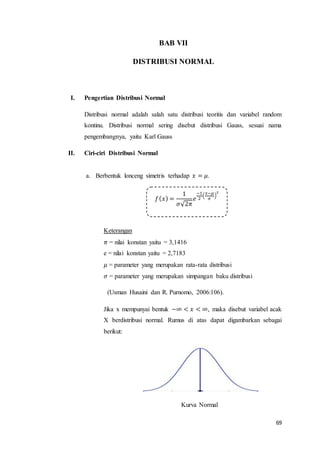 69
BAB VII
DISTRIBUSI NORMAL
I. Pengertian Distribusi Normal
Distribusi normal adalah salah satu distribusi teoritis dan variabel random
kontinu. Distribusi normal sering disebut distribusi Gauss, sesuai nama
pengembangnya, yaitu Karl Gauss
II. Ciri-ciri Distribusi Normal
a. Berbentuk lonceng simetris terhadap 𝑥 = 𝜇.
Keterangan
𝜋 = nilai konstan yaitu = 3,1416
e = nilai konstan yaitu = 2,7183
𝜇 = parameter yang merupakan rata-rata distribusi
𝜎 = parameter yang merupakan simpangan baku distribusi
(Usman Husaini dan R. Purnomo, 2006:106).
Jika x mempunyai bentuk −∞ < 𝑥 < ∞, maka disebut variabel acak
X berdistribusi normal. Rumus di atas dapat digambarkan sebagai
berikut:
Kurva Normal
𝑓( 𝑥) =
1
𝜎√2𝜋
𝑒
−1
2
(
𝑥−𝜇
𝜎
)
2
 