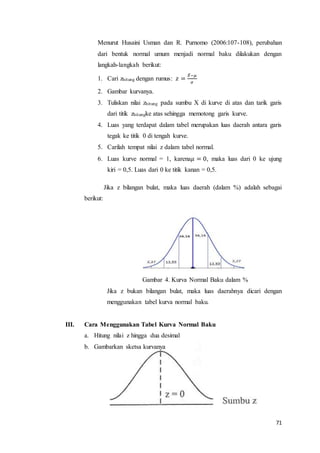 71
Menurut Husaini Usman dan R. Purnomo (2006:107-108), perubahan
dari bentuk normal umum menjadi normal baku dilakukan dengan
langkah-langkah berikut:
1. Cari zhitung dengan rumus: 𝑧 =
𝑋̅−𝜇
𝜎
2. Gambar kurvanya.
3. Tuliskan nilai zhitung pada sumbu X di kurve di atas dan tarik garis
dari titik zhitungke atas sehingga memotong garis kurve.
4. Luas yang terdapat dalam tabel merupakan luas daerah antara garis
tegak ke titik 0 di tengah kurve.
5. Carilah tempat nilai z dalam tabel normal.
6. Luas kurve normal = 1, karena𝜇 = 0, maka luas dari 0 ke ujung
kiri = 0,5. Luas dari 0 ke titik kanan = 0,5.
Jika z bilangan bulat, maka luas daerah (dalam %) adalah sebagai
berikut:
Gambar 4. Kurva Normal Baku dalam %
Jika z bukan bilangan bulat, maka luas daerahnya dicari dengan
menggunakan tabel kurva normal baku.
III. Cara Menggunakan Tabel Kurva Normal Baku
a. Hitung nilai z hingga dua desimal
b. Gambarkan sketsa kurvanya
 