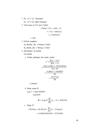 86
1. H0 ∶ 𝜎1
2
= 𝜎2
2
(homogen)
H1 ∶ 𝜎1
2
≠ 𝜎2
2
(tidak homogen)
2. Taraf nyata (α=5%) dan 𝑥2
tabel
𝑥2
tabel= 𝑥2(1 − 𝛼)( 𝑘 − 1)
= 𝑥2(1− 0,05)(1)
= 𝑥2(0,95)(1)
= 3,81
3. Kriteria pengujian
H0 diterima, jika 𝑥2
hitung<𝑥2
tabel
H0 ditolak, jika 𝑥2
hitung≥ 𝑥2
tabel
4. Menentukan uji statistik
Uji statistik :
a. Varians gabungan dari semua sampel
𝑠2
=
∑( 𝑛𝑖 − 1) 𝑠𝑖
2
∑( 𝑛𝑖 − 1)
=
34(2,114286) + 34(5,878992)
34 + 34
=
71,88571 + 199,8857
68
=
271,7715
68
=3,996639
b. Harga satuan B
Log 𝑠2
= log3,996639
=0,601695
𝐁 = (Log s2)∑(
2
i=1
ni − 1) = 40,91525
c. Harga X2
𝑥2
ℎ𝑖𝑡𝑢𝑛𝑔 = (ln10) {𝐵 − ∑( 𝑛𝑖 − 1) log 𝑠𝑖
2
}
= 2,3026(40,91525 − 37,21186)
 