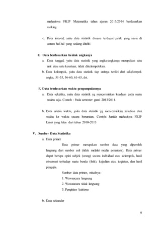 9
mahasiswa FKIP Matematika tahun ajaran 2013/2014 berdasarkan
ranking.
c. Data interval, yaitu data statistik dimana terdapat jarak yang sama di
antara hal-hal yang sedang diteliti
E. Data berdasarkan bentuk angkanya
a. Data tunggal, yaitu data statistik yang angka-angkanya merupakan satu
unit atau satu kesatuan, tidak dikelompokkan.
b. Data kelompok, yaitu data statistik tiap unitnya terdiri dari sekelompok
angka, 51-55, 56-60, 61-65, dst.
F. Data berdasarkan waktu pengumpulannya
a. Data seketika, yaitu data statistik yg mencerminkan keadaan pada suatu
waktu saja. Contoh : Pada semester gazal 2013/2014.
b. Data urutan waktu, yaitu data statistik yg mencerminkan keadaan dari
waktu ke waktu secara berurutan. Contoh: Jumlah mahasiswa FKIP
Unsri yang lulus dari tahun 2010-2013
V. Sumber Data Statistika
a. Data primer
Data primer merupakan sumber data yang diperoleh
langsung dari sumber asli (tidak melalui media perantara). Data primer
dapat berupa opini subjek (orang) secara individual atau kelompok, hasil
observasi terhadap suatu benda (fisik), kejadian atau kegiatan, dan hasil
pengujia.
Sumber data primer, misalnya:
1. Wawancara langsung
2. Wawancara tidak langsung
3. Pengisian kuisione
b. Data sekunder
 