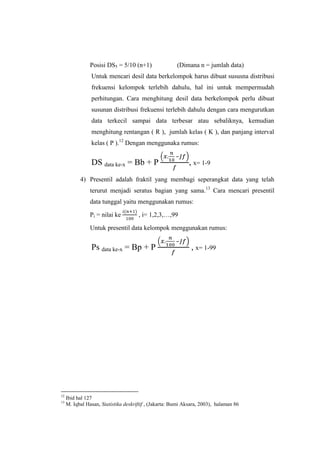 Posisi DS5 = 5/10 (n+1) (Dimana n = jumlah data)
Untuk mencari desil data berkelompok harus dibuat sususna distribusi
frekuensi kelompok terlebih dahulu, hal ini untuk mempermudah
perhitungan. Cara menghitung desil data berkelompok perlu dibuat
susunan distribusi frekuensi terlebih dahulu dengan cara mengurutkan
data terkecil sampai data terbesar atau sebaliknya, kemudian
menghitung rentangan ( R ), jumlah kelas ( K ), dan panjang interval
kelas ( P ).12
Dengan menggunaka rumus:
DS data ke-x = Bb + P
–
, x= 1-9
4) Presentil adalah fraktil yang membagi seperangkat data yang telah
terurut menjadi seratus bagian yang sama.13
Cara mencari presentil
data tunggal yaitu menggunakan rumus:
Pi = nilai ke , i= 1,2,3,…,99
Untuk presentil data kelompok menggunakan rumus:
Ps data ke-x = Bp + P
–
, x= 1-99
12
Ibid hal 127
13
M. Iqbal Hasan, Statistika deskriftif , (Jakarta: Bumi Aksara, 2003), halaman 86
 
