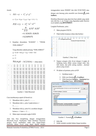 Makalah Statistika Probabilitas |STMIK Provisi – 2013 Page 2
Jawab :
1.
n-xxn
x qpCx)P(X 
x = 2, n = 4, p = ¾, q = 1-p = 1-¾ = ¼
2. Kejadian dinyatakan “SUKSES” = “TIDAK
TERLAMBAT”
Yang diketahui adalah peluang “TERLAMBAT”
q = 6:10 = 0.6; p = 1-q = 1-0.6 = 0.4
x = 2
n = 5
b(x;n,p) = ),;b( 4.052 = (lihat tabel)
Gambar 1. Tabel Binomial
Cara membacanya seperti di bawah ini :
1. Masukkan nilai n, yaitu 5………..
2. Masukkan nilai x, yaitu 2 pada kolom n =
5………
3. Masukkan nilai p, yaitu 0.4, cocokkan dengan
kolom n = 5 dan x = 2…..
4. Maka tepat menunjuk angka 0.6826
Atau kita bisa menghitung dengan menggunakan
Microsoft Excel. Pembuatan Tabel distribusi binomial
dengan Excel melibatkan salah satu fungsi-fungsi
Statistika dalam Excel yang dapat dipilih dengan
menggunakan menu INSERT lalu klik FUNCTION atau
dengan cara lansung yaitu memilih icon formula fx pada
toolbars.
Distribusi Binomial yang akan kita buat adalah yang untuk
satu titik b(x; n, p). Fungsi yang digunakan pada function
excel adalah yang BINOMDIST.
Langkah Pembuatan, yaitu :
 Buka program EXCEL
 Pada lembar kerjanya isikan data berikut :
Gambar 2. Data Awal
 Supaya seragam nilai di-set dengan 4 angka di
belakang koma (Blok semua tempat nilai, lalu
klik kanan, dan pilih setting number , decimal
places yang sesuai)
 Di dalam sel pertama yaitu sel C3
1. Ketikkan tanda =
2. Klik icon formula fx di toolbars
3. Pilih function Category : Statistical dan
Function Name : BINOMDIST
Gambar 3. Formula fx diToolbars
 Klik OK
 Isilah variabel-variabel dalam fungsi tersebut;
 