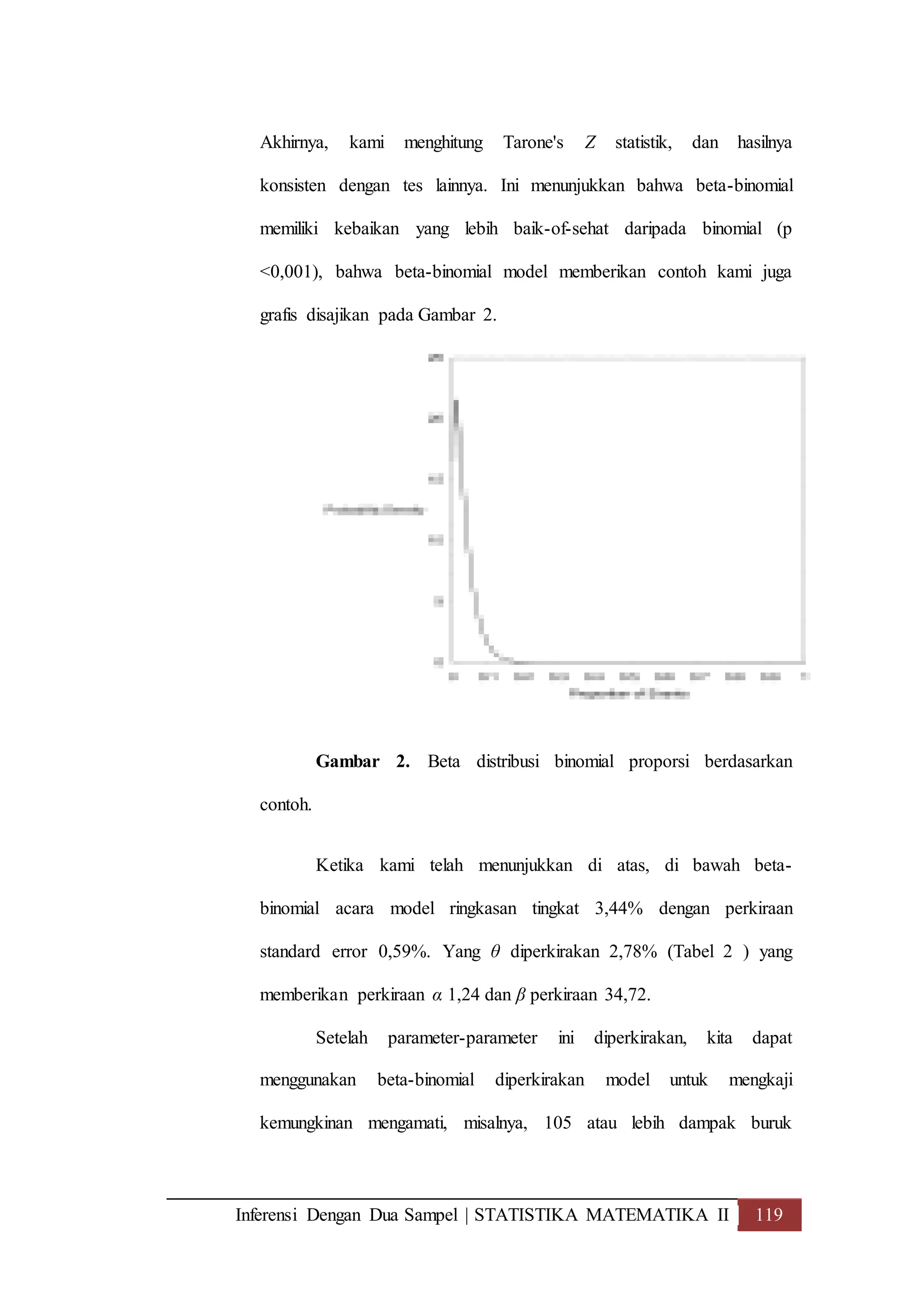 Inferensi Dengan Dua Sampel | STATISTIKA MATEMATIKA II 119
Akhirnya, kami menghitung Tarone's Z statistik, dan hasilnya
konsisten dengan tes lainnya. Ini menunjukkan bahwa beta-binomial
memiliki kebaikan yang lebih baik-of-sehat daripada binomial (p
<0,001), bahwa beta-binomial model memberikan contoh kami juga
grafis disajikan pada Gambar 2.
Gambar 2. Beta distribusi binomial proporsi berdasarkan
contoh.
Ketika kami telah menunjukkan di atas, di bawah beta-
binomial acara model ringkasan tingkat 3,44% dengan perkiraan
standard error 0,59%. Yang θ diperkirakan 2,78% (Tabel 2 ) yang
memberikan perkiraan α 1,24 dan β perkiraan 34,72.
Setelah parameter-parameter ini diperkirakan, kita dapat
menggunakan beta-binomial diperkirakan model untuk mengkaji
kemungkinan mengamati, misalnya, 105 atau lebih dampak buruk
 