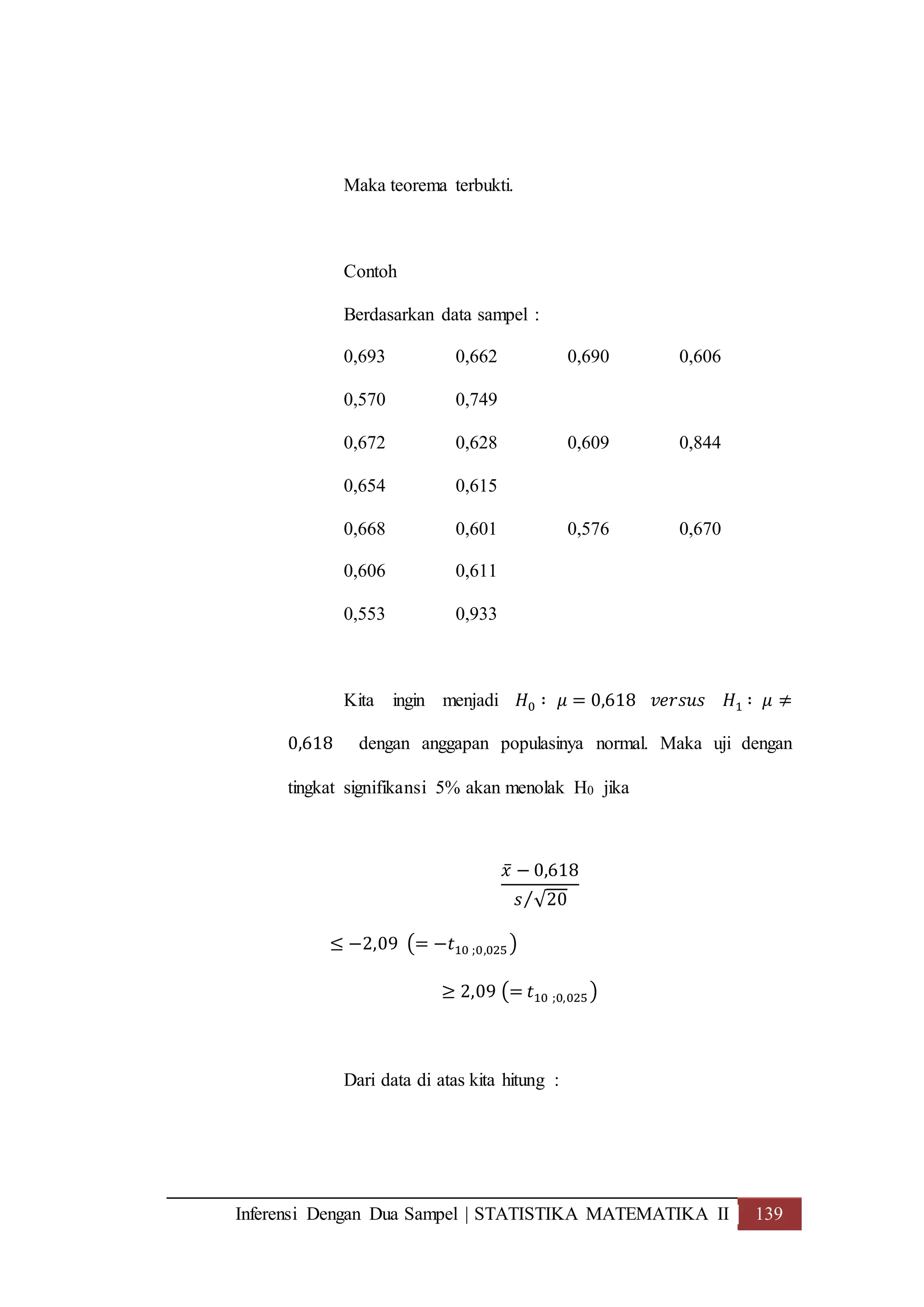 Inferensi Dengan Dua Sampel | STATISTIKA MATEMATIKA II 139
Maka teorema terbukti.
Contoh
Berdasarkan data sampel :
0,693 0,662 0,690 0,606
0,570 0,749
0,672 0,628 0,609 0,844
0,654 0,615
0,668 0,601 0,576 0,670
0,606 0,611
0,553 0,933
Kita ingin menjadi 𝐻0 ∶ 𝜇 = 0,618 𝑣𝑒𝑟𝑠𝑢𝑠 𝐻1 ∶ 𝜇 ≠
0,618 dengan anggapan populasinya normal. Maka uji dengan
tingkat signifikansi 5% akan menolak H0 jika
𝑥̅ − 0,618
𝑠 √20⁄
≤ −2,09 (= −𝑡10 ;0,025 )
≥ 2,09 (= 𝑡10 ;0,025)
Dari data di atas kita hitung :
 
