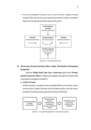6
 Ancaman peningkatan kekuatan posisi tawar pemasok. Segmen tertentu
menjadi tidak menarik jika para pemasok perusahaan mampu menaikkan
harga atau mengurangi kuantitas yang mereka pasok.
Gambar 1.1 Lima Kekuatan Porter
D. Merancang Strategi Bersaing dalam rangka Menciptakan Keunggulan
Kompetitif
Menurut Philip Kotler dan Gary Armstrong dalam buku Prinsip-
prinsip Pemasaran Jilid 2, terdapat tiga langkah yang dapat ditempuh untuk
menciptakan keunggulan kompetitif:
1. Analisis Pesaing
Analisis pesaing merupakan proses mengidentifikasi para pesaing utama;
menilai tujuan, strategi, kekuatan, dan kelemahan mereka, dan pola reaksi;
kemudian memilih pesaing yang akan diserang atu dihindari.
Gambar 1. 2 Langkah-langkah dalam menganalisis pesaing
Pesaing industri
(Rivalitas Segmen)
Pendatang baru
potensial
(Ancaman Mobilitas)
Pemasok
(Kekuatan Pemasok)
Pembeli
(Kekuatan Pembeli)
Produk pengganti
(Ancaman Produk
Pengganti)
 