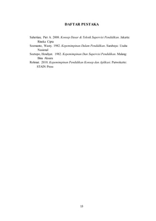 DAFTAR PUSTAKA 
Sahertian, Piet A. 2008. Konsep Dasar & Teknik Supervisi Pendidikan. Jakarta: 
13 
Rineka Cipta 
Soemanto, Wasty. 1982. Kepemimpinan Dalam Pendidikan. Surabaya: Usaha 
Nasional 
Soetopo, Hendiyat. 1982. Kepemimpinan Dan Supervisi Pendidikan. Malang: 
Bina Aksara 
Rohmat. 2010. Kepemimpinan Pendidikan Konsep dan Aplikasi. Purwokerto: 
STAIN Press 
