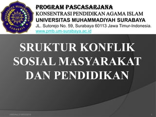 SRUKTUR KONFLIK
SOSIAL MASYARAKAT
DAN PENDIDIKAN
PROGRAM PASCASARJANA
KONSENTRASI PENDIDIKAN AGAMA ISLAM
UNIVERSITAS MUHAMMADIYAH SURABAYA
JL. Sutorejo No. 59, Surabaya 60113 Jawa Timur-Indonesia.
www.pmb.um-surabaya.ac.id
UMS/Kel.2/16/03/2014 1
 