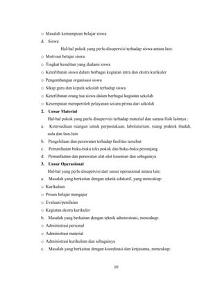 10
o Masalah kemampuan belajar siswa
d. Siswa
Hal-hal pokok yang perlu disupervisi terhadap siswa antara lain:
o Motivasi belajar siswa
o Tingkat kesulitan yang dialami siswa
o Keterlibatan siswa dalam berbagai kegiatan intra dan ekstra kurikuler
o Pengembangan organisasi siswa
o Sikap guru dan kepala sekolah terhadap siswa
o Keterlibatan orang tua siswa dalam berbagai kegiatan sekolah
o Kesempatan memperoleh pelayanan secara prima dari sekolah
2. Unsur Material
Hal-hal pokok yang perlu disupervisi terhadap material dan sarana fisik lainnya :
a. Ketersediaan ruangan untuk perpustakaan, labolaturium, ruang praktek ibadah,
aula dan lain-lain
b. Pengelolaan dan perawatan terhadap fasilitas tersebut
c. Pemanfaatan buku-buku teks pokok dan buku-buku penunjang
d. Pemanfaatan dan perawatan alat-alat kesenian dan sebagainya
3. Unsur Operasional
Hal-hal yang perlu disupervisi dari unsur operasional antara lain:
a. Masalah yang berkaitan dengan teknik edukatif, yang mencakup:
o Kurikulum
o Proses belajar mengajar
o Evaluasi/penilaian
o Kegiatan ekstra kurikuler
b. Masalah yang berkaitan dengan teknik administrasi, mencakup:
o Administrasi personal
o Administrasi material
o Administrasi kurikulum dan sebagainya
c. Masalah yang berkaitan dengan koordinasi dan kerjasama, mencakup:
 