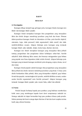 15
BAB IV
PENUTUP
4.1 Kesimpulan
Karangan dibagi menjadi tuga golongan yaitu, karangan ilmiah, karangan non
ilmiah dan karangan ilmiah populer.
Karangan ilmiah merupakan karangan ilmu pengetahuan yang menyajikan
fakta dan ditulis dengan metodologi penulisan yang baik dan benar. Dimana
dalam penulisan karangan ilmiah ini ditemukan ciri khas yaitu bersifat objektif,
sistematis, logis, tidak persuasif, tidak argumentatif, tidak emotif, dan tidak
melebih-lebihkan sesuatu. Adapun beberapa jenis karangan yang termasuk
karangan ilmiah yaitu makalah, skripsi, kertas kerja, disertasi dan tesis.
Karangan non ilmiah merupakan karangan yang menyajikan fakta pribadi
tentang pengetahuan dan pengalaman dalam kehidupan sehari-hari, bersifat
subyektif, tidak didukung fakta umum, dan biasanya menggunakan gaya bahasa
yang popular atau biasa digunakan (tidak terlalu formal). Adapun beberapa jenis
karangan yang termasuk karangan nonilmiah yaitu dongeng, cerpen, drama, novel
dan roman.
Karangan ilmiah populer adalah karangan ilmu pengetahuan yang menyajikan
fakta pribadi dan ditulis menurut metodologi penulisan yang benar. Cirinya yaitu
ditulis berdasarkan fakta pribadi, fakta yang disimpulkan subjektif, gaya bahasa
formal dan populer, mementingkan diri penulis, melebih-lebihkan sesuatu, usulan-
usulan bersifat argumentatif serta bersifat persuasif. Adapun karangan yang
termasuk karangan ilmiah populer yaitu resensi buku, artikel dan editorial.
4.2 Saran
Penulis banyak berharap kepada para pembaca yang budiman memberikan
kritik saran yang membangun kepada kami demi sempurnanya makalah ini.
Semoga makalah ini dapat bermanfaat bagi para pembaca khusus pada penulis.
Sekian penutup dari kami semoga dapat diterima di hati dan kami ucapkan terima
kasih yang sebesar-besarnya.
 