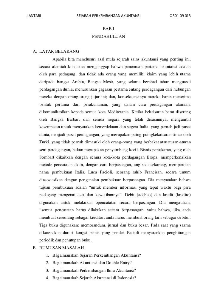 Makalah Teori Akuntansi Sejarah Perkembangan Akuntansi Jiantari C 3