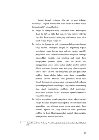 Insight barulah berfungsi bila ada persepsi terhadap
masalahnya. Hilgard memberikan enam macam sifat khas belajar
dengan insight,14
sebagai berikut:
1) Insight itu dipengaruhi oleh kemampuan dasar. Kemampuan
dasar itu berbeda-beda dari individu yang satu ke individu
yang lain. Pada umumnya anak yang masih sangat muda sukar
untuk belajar dengan insight ini.
2) Insight itu dipengaruhi oleh pengalaman belajar masa lampau
yang relevan. Walaupun insight itu tergantung kepada
pengalaman masa lampau yang relevan, namun memiliki
pengalaman masa lampau tersebut belum menjamin dapatnya
memecahkan masalah. Jadi misalnya anak tidak dapat
mengerjakan problem aljabar, kalau dia belum tahu
menggunakan simbol-simbol dalam aljabar tersebut terlebih
dahulu (dari masa lampau), tetapi anak yang telah menguasai
simbol-simbol tersebut serta mengetahui cara-cara pemecahan
problem dalam aljabar belum tentu dapat memecahkan
problem tersebut. Disinilah letak perbedaan antara teori
Gestalt dengan teori assosiasi yang beranggapan bahwa hanya
memiliki pengalaman masa lampau yang diperlukan seseorang
akan dapat memecahkan problem, sebab pemecahan-
pemecahan problem berarti penerapan operation-operation
yang telah dipelajari.
3) Insight tergantung kepada pengaturan secara eksperimental.
Insight itu hanya mungkin terjadi apabila situasi belajar diatur
sedemikian rupa sehingga segala aspek yang perlu dapat
diambil. Apabila alat yang diperlukan untuk pemecahan
problem itu dapat dibuat seakan-akan menjadi tidak mungkin,
maka problem menjadi lebih sukar.
14
Sumadi Suryabrata, Psikologi Pendidikan, (Jakarta: Raja Grafindo Persada, 2004), Hal.
278.
15
 