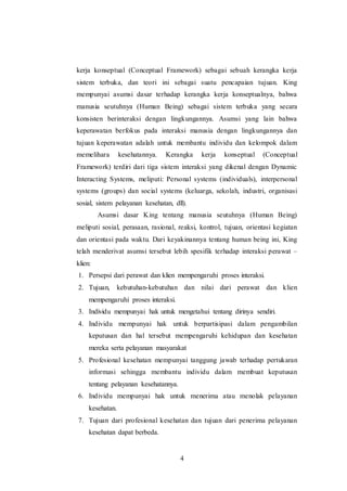 kerja konseptual (Conceptual Framework) sebagai sebuah kerangka kerja 
sistem terbuka, dan teori ini sebagai suatu pencapaian tujuan. King 
mempunyai asumsi dasar terhadap kerangka kerja konseptualnya, bahwa 
manusia seutuhnya (Human Being) sebagai sistem terbuka yang secara 
konsisten berinteraksi dengan lingkungannya. Asumsi yang lain bahwa 
keperawatan berfokus pada interaksi manusia dengan lingkungannya dan 
tujuan keperawatan adalah untuk membantu individu dan kelompok dalam 
memelihara kesehatannya. Kerangka kerja konseptual (Conceptual 
Framework) terdiri dari tiga sistem interaksi yang dikenal dengan Dynamic 
Interacting Systems, meliputi: Personal systems (individuals), interpersonal 
systems (groups) dan social systems (keluarga, sekolah, industri, organisasi 
sosial, sistem pelayanan kesehatan, dll). 
Asumsi dasar King tentang manusia seutuhnya (Human Being) 
meliputi sosial, perasaan, rasional, reaksi, kontrol, tujuan, orientasi kegiatan 
dan orientasi pada waktu. Dari keyakinannya tentang human being ini, King 
telah menderivat asumsi tersebut lebih spesifik terhadap interaksi perawat – 
klien: 
1. Persepsi dari perawat dan klien mempengaruhi proses interaksi. 
2. Tujuan, kebutuhan-kebutuhan dan nilai dari perawat dan klien 
4 
mempengaruhi proses interaksi. 
3. Individu mempunyai hak untuk mengetahui tentang dirinya sendiri. 
4. Individu mempunyai hak untuk berpartisipasi dalam pengambilan 
keputusan dan hal tersebut mempengaruhi kehidupan dan kesehatan 
mereka serta pelayanan masyarakat 
5. Profesional kesehatan mempunyai tanggung jawab terhadap pertukaran 
informasi sehingga membantu individu dalam membuat keputusan 
tentang pelayanan kesehatannya. 
6. Individu mempunyai hak untuk menerima atau menolak pelayanan 
kesehatan. 
7. Tujuan dari profesional kesehatan dan tujuan dari penerima pelayanan 
kesehatan dapat berbeda. 
 