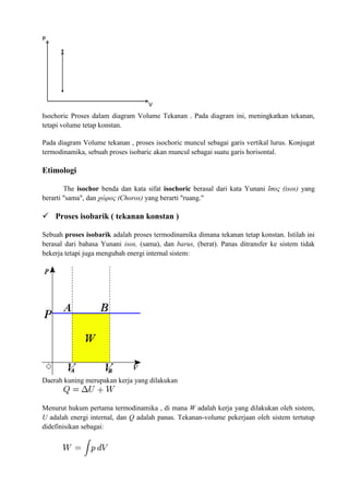 Isochoric Proses dalam diagram Volume Tekanan . Pada diagram ini, meningkatkan tekanan,
tetapi volume tetap konstan.
Pada diagram Volume tekanan , proses isochoric muncul sebagai garis vertikal lurus. Konjugat
termodinamika, sebuah proses isobaric akan muncul sebagai suatu garis horisontal.
Etimologi
The isochor benda dan kata sifat isochoric berasal dari kata Yunani ἴσος (isos) yang
berarti "sama", dan χώρος (Choros) yang berarti "ruang."
 Proses isobarik ( tekanan konstan )
Sebuah proses isobarik adalah proses termodinamika dimana tekanan tetap konstan. Istilah ini
berasal dari bahasa Yunani isos, (sama), dan barus, (berat). Panas ditransfer ke sistem tidak
bekerja tetapi juga mengubah energi internal sistem:
Daerah kuning merupakan kerja yang dilakukan
Menurut hukum pertama termodinamika , di mana W adalah kerja yang dilakukan oleh sistem,
U adalah energi internal, dan Q adalah panas. Tekanan-volume pekerjaan oleh sistem tertutup
didefinisikan sebagai:
 