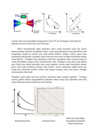 Contoh sistem nyata dimodelkan dengan proses ideal: PV dan TS diagram siklus Brayton
dipetakan ke proses aktual dari mesin turbin gas
Siklus termodinamika dapat digunakan untuk model perangkat nyata dan sistem,
biasanya dengan membuat serangkaian asumsi. asumsi penyederhanaan sering diperlukan untuk
mengurangi masalah ke bentuk yang lebih mudah dikelola. Sebagai contoh, seperti yang
ditunjukkan pada gambar, perangkat seperti turbin gas atau mesin jet dapat dimodelkan sebagai
siklus Brayton . Perangkat yang sebenarnya terdiri dari serangkaian tahap, masing-masing itu
sendiri dimodelkan sebagai proses termodinamika ideal. Meskipun setiap tahap yang bekerja
pada fluida kerja adalah perangkat nyata yang kompleks, mereka dapat dimodelkan sebagai
proses ideal yang mendekati perilaku nyata mereka. Asumsi selanjutnya adalah bahwa gas
buang akan diteruskan kembali melalui inlet dengan kerugian yang sesuai panas, sehingga
menyelesaikan siklus ideal.
Perbedaan antara siklus ideal dan performa sebenarnya dapat menjadi signifikan. [2]
Sebagai
contoh, gambar berikut menggambarkan perbedaan dalam output kerja diprediksi oleh ideal
siklus Stirling dan kinerja aktual dari mesin Stirling:
Ideal Stirling siklus Realisasi kinerja
Aktual dan ideal dilapis,
menunjukkan perbedaan
dalam output kerja
 