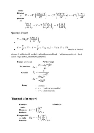 Gibbs-
Helmhol
tz
persama
an
Quantum properti

 Dibedakan Partikel
di mana N adalah jumlah partikel, h adalah konstanta Planck , I adalah momen inersia , dan Z
adalah fungsi partisi , dalam berbagai bentuk:
Derajat kebebasan Partisi Fungsi
Terjemahan
Getaran
Rotasi  di mana:
 σ = 1 ( molekul heteronuklir )
 σ = 2 ( homonuclear )
Thermal sifat materi
Koefisien Persamaan
Joule-
Thomson
koefisien
Kompresibilit
as (suhu
konstan)
 