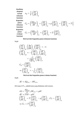 Koefisien
ekspansi
termal
(tekanan
konstan)
Kapasitas
panas
(tekanan
konstan)
Kapasitas
panas
(volume
konstan)
Derivasi dari kapasitas panas (tekanan konstan)
Sejak
Derivasi dari kapasitas panas (volume konstan)
Sejak
(Di mana δ W rev adalah kerja yang dilakukan oleh sistem),
 