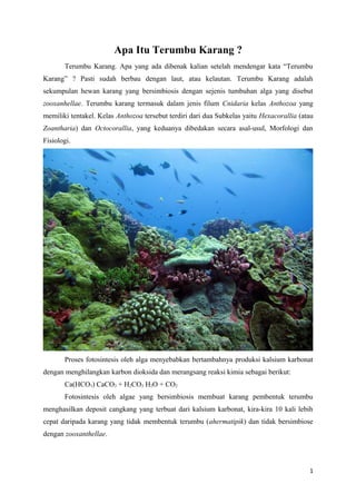 Apa Itu Terumbu Karang ?
       Terumbu Karang. Apa yang ada dibenak kalian setelah mendengar kata “Terumbu
Karang” ? Pasti sudah berbau dengan laut, atau kelautan. Terumbu Karang adalah
sekumpulan hewan karang yang bersimbiosis dengan sejenis tumbuhan alga yang disebut
zooxanhellae. Terumbu karang termasuk dalam jenis filum Cnidaria kelas Anthozoa yang
memiliki tentakel. Kelas Anthozoa tersebut terdiri dari dua Subkelas yaitu Hexacorallia (atau
Zoantharia) dan Octocorallia, yang keduanya dibedakan secara asal-usul, Morfologi dan
Fisiologi.




       Proses fotosintesis oleh alga menyebabkan bertambahnya produksi kalsium karbonat
dengan menghilangkan karbon dioksida dan merangsang reaksi kimia sebagai berikut:
       Ca(HCO3) CaCO3 + H2CO3 H2O + CO2
       Fotosintesis oleh algae yang bersimbiosis membuat karang pembentuk terumbu
menghasilkan deposit cangkang yang terbuat dari kalsium karbonat, kira-kira 10 kali lebih
cepat daripada karang yang tidak membentuk terumbu (ahermatipik) dan tidak bersimbiose
dengan zooxanthellae.




                                                                                           1
 