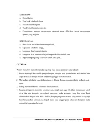 KELEBIHAN
   a. Hemat kabel,
   b. Tata letak kabel sederhana,
   c. Mudah dikembangkan,
   d. Tidak butuh kendali pusat, dan
   e. Penambahan maupun pengurangan penamat dapat dilakukan tanpa mengganggu
       operasi yang berjalan.


   KEKURANGAN
   a. deteksi dan isolasi kesalahan sangat kecil,
   b. kepadatan lalu lintas tinggi,
   c. keamanan data kurang terjamin,
   d. kecepatan akan menurun bila jumlah pemakai bertambah, dan
   e. diperlukan pengulang (repeater) untuk jarak jauh.


CATATAN :

Warnet HomeNet memilih memakai topologi Bus, alasan pemilik warnet adalah :
1) karena topologi Bus adalah pengembangan jaringan atau penambahan workstation baru
   dapat dilakukan dengan mudah tanpa mengganggu workstation lain.
2) Merupakan satu kabel yang kedua ujungnya ditutup dimana sepanjang kabel terdapat node-
   node.
3) Paling prevvalent karena sederhana dalam instalasi.
4) Karena jaringan ini memiliki keistimewaan, simple dan juga irit dalam penggunaan kabel
   serta jika satu komputer mengalami gangguan, maka komputer yang lain tetap dapat
   dioperasikan dengan baik. Maka dari itu, banyak pengusaha warnet yang memakai topologi
   bus.Permasalahan terbesar jika terjadi putus atau longgar pada salah satu konektor maka
   seluruh jaringan akan berhenti.




                      TEKHNOLOGI INFORMASI DAN KOMUNIKASI – Wawacara Warnet         19
 