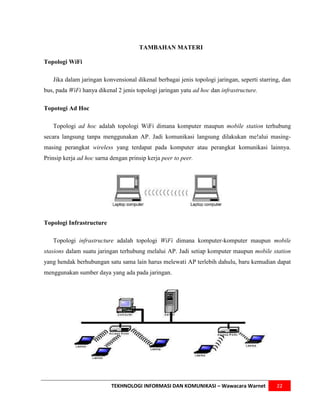 TAMBAHAN MATERI

Topologi WiFi

   Jika dalam jaringan konvensional dikenal berbagai jenis topologi jaringan, seperti starring, dan
bus, pada WiFi hanya dikenal 2 jenis topologi jaringan yatu ad hoc dan infrastructure.

Topotogi Ad Hoc

   Topologi ad hoc adalah topologi WiFi dimana komputer maupun mobile station terhubung
secara langsung tanpa menggunakan AP. Jadi komunikasi langsung dilakukan me!alui masing-
masing perangkat wireless yang terdapat pada komputer atau perangkat komunikasi lainnya.
Prinsip kerja ad hoc sarna dengan prinsip kerja peer to peer.




Topologi Infrastructure

   Topologi infrastructure adalah topologi WiFi dimana komputer-komputer maupun mobile
stasions dalam suatu jaringan terhubung melalui AP. Jadi setiap komputer maupun mobile station
yang hendak berhubungan satu sama lain harus melewati AP terlebih dahulu, baru kemudian dapat
menggunakan sumber daya yang ada pada jaringan.




                           TEKHNOLOGI INFORMASI DAN KOMUNIKASI – Wawacara Warnet             22
 