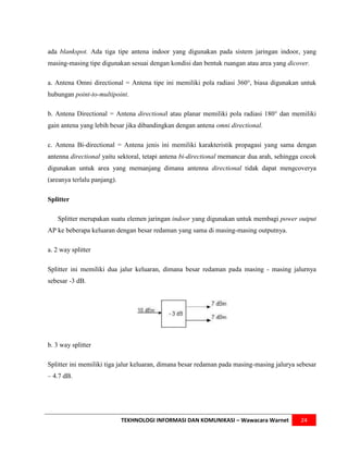 ada blankspot. Ada tiga tipe antena indoor yang digunakan pada sistem jaringan indoor, yang
masing-masing tipe digunakan sesuai dengan kondisi dan bentuk ruangan atau area yang dicover.

a. Antena Omni directional = Antena tipe ini memiliki pola radiasi 360°, biasa digunakan untuk
hubungan point-to-multipoint.

b. Antena Directional = Antena directional atau planar memiliki pola radiasi 180° dan memiliki
gain antena yang lebih besar jika dibandingkan dengan antena omni directional.

c. Antena Bi-directional = Antena jenis ini memiliki karakteristik propagasi yang sama dengan
antenna directional yaitu sektoral, tetapi antena bi-directional memancar dua arah, sehingga cocok
digunakan untuk area yang memanjang dimana antenna directional tidak dapat mengcoverya
(areanya terlalu panjang).

Splitter

   Splitter merupakan suatu elemen jaringan indoor yang digunakan untuk membagi power output
AP ke beberapa keluaran dengan besar redaman yang sama di masing-masing outputnya.

a. 2 way splitter

Splitter ini memiliki dua jalur keluaran, dimana besar redaman pada masing - masing jalurnya
sebesar -3 dB.




b. 3 way splitter

Splitter ini memiliki tiga jalur keluaran, dimana besar redaman pada masing-masing jalurya sebesar
– 4.7 dB.




                             TEKHNOLOGI INFORMASI DAN KOMUNIKASI – Wawacara Warnet          24
 