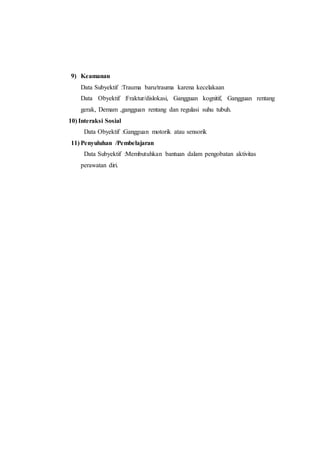 9) Keamanan
Data Subyektif :Trauma baru/trauma karena kecelakaan
Data Obyektif :Fraktur/dislokasi, Gangguan kognitif, Gangguan rentang
gerak, Demam ,gangguan rentang dan regulasi suhu tubuh.
10) Interaksi Sosial
Data Obyektif :Gangguan motorik atau sensorik
11) Penyuluhan /Pembelajaran
Data Subyektif :Membutuhkan bantuan dalam pengobatan aktivitas
perawatan diri.
 