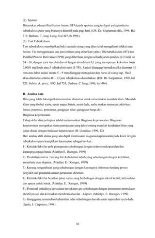 10
(2). Sputum
Ditemukan adanya Basil tahan Asam (BTA) pada sputum yang terdapat pada penderita
tuberkulosis paru yang biasanya diambil pada pagi hari. (DR. Dr. Soeparman dkk, 1998. Hal
719, Barbara. T. long. Long. Hal 447, th 1996)
(3). Test Tuberkulosis
Test tuberkulosis memberikan bukti apakah orang yang dites telah mengalami infeksi atau
belum. Tes menggunakan dua jenis bahan yang diberikan yaitu : Old tuberkulosis (OT) dan
Purifled Protein Derivative (PPD) yang diberikan dengan sebuah jarum pendek (1/2 inci) no
24 – 26, dengan cara mecubit daerah lengan atas dalam 0,1 yang mempunyai kekuatan dosis
0,0001 mg/dosis atau 5 tuberkulosis unit (5 TU). Reaksi dianggap bermakna jika diameter 10
mm atau lebih reaksi antara 5 – 9 mm dianggap meragukan dan harus di ulang lagi. Hasil
akan diketahui selama 48 – 72 jam tuberkulosis disuntikkan. (DR. Dr. Soeparman, 1998, hal
721, Sylvia. A. price, 1995, hal 755, Barbara. C. long, 1996, hal 446)
B. Analisa data
Data yang telah dikumpulkan kemudian dianalisa untuk menentukan masalah klien. Masalah
klien yang timbul yaitu, sesak napas, batuk, nyeri dada, nafsu makan menurun, aktivitas,
lemas, potensial, penularan, gangguan tidur, gangguan harga diri.
Diagnosa keperawatan
Tahap akhir dari perkajian adalah merumuskan Diagnosa keperawatan. Diagnosa
keperawatan merupakan suatu pernyataan yang jelas tentang masalah kesehatan klien yang
dapat diatas dengan tindakan keperawatan (H. Lismidar, 1990, 12)
Dari analisa data diatas yang ada dapat dirumuskan diagnosa keperawatan pada klien dengan
tuberkulosis paru komplikasi haemaptoe sebagai berikut :
1). Ketidakefektifan pola pernapasan sehubungan dengan sekresi mukopurulen dan
kurangnya upaya batuk (Marilyn E. Doenges, 1999)
2). Perubahan nutrisi : kurang dari kebutuhan tubuh yang sehubungan dengan keletihan,
anorerksia atau dispnea. (Marilyn. E. Doenges, 1999)
3). Kurang pengetahuan yang sehubungan dengan kurangnya informasi tentang proses
penyakit dan penatalaksanaan perawatan dirumah.
4). Ketidakefektifan bersihan jalan napas yang berhubugan dengan sekret kental, kelemahan
dan upaya untuk batuk. (Marilyn. E. Doenges, 1999)
5). Potensial terjadinya kerusakan pertukaran gas sehubungan dengan penurunan permukaan
efektif proses dan kerusakan membran alveolar – kapiler. (Marilyn. E. Doenges, 1999)
6). Ganggguan pemenuhan kebutuhan tidur sehubungan daerah sesak napas dan nyeri dada.
(lynda, J. Carpenito, 1998)
 