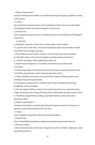 12
c. Diagnosa keperawatan 3 :
potensial terhadap tranmisi infeksi yang sehubungan dengan kurangnya pengtahuan tentang
resiko patogen.
1). Tujuan :
klien mengalami penurunan potensi untuk menularkan penyakit seperti yang ditunjukkan
oleh kegagalan kontak klien untuk mengubah tes kulit positif.
2). Kriteria hasil :
klien mengalami penurunan potensi menularkan penyakit yang ditunjukkan oleh kegagalan
kontak klien.
3). Intervensi.
a). Identifikasi orang lain yang berisiko. Contah anggota rumah, sahabat.
b). Anjurkan klien untuk batuk / bersin dan mengeluarkan pada tisu dan hindari meludah
serta tehnik mencuci tangan yang tepat.
c). Kaji tindakan. Kontrol infeksi sementara, contoh masker atau isolasi pernafasan.
d). Identifikasi faktor resiko individu terhadap pengatifan berulang tuberkulasis.
e). Tekankan pentingnya tidak menghentikan terapi obat.
f). Kolaborasi dan melaporkan ke tim dokter dan Depertemen Kesehatan lokal.
4). Rasional
a). Orang yang terpajan ini perlu program terapi obat intuk mencegah penyebaran infeksi
b). Perilaku yang diperlukan untuk mencegah penyebaran infeksi
c). Dapat membantu menurunkan rasa terisolasi klien dengan membuang stigma sosial
sehubungan dengan penyakit menular
d). Pengetahuan tentang faktor ini membantu klien untuk mengubah pola hidup dan
menghindari insiden eksaserbasi
e). Periode singkat berakhir 2 sampai 3 hari setelah kemoterapi awal, tetapi pada adanya
rongga atau penyakit luas, sedang resiko penyebaran infeksi dapat berlanjut sampai 3 bulan
f). Membantu mengidentifikasi lembaga yang dapat dihubungi untuk menurunkan
penyebaran infeksi
d. Diagnosa keperawatan 4 :
kurangnya pengetahuan yang berhungan dengan kuranganya impormasi tentang proses
penyakit dan penatalaksanaan perawatan di rumah.
1). Tujuan :
klien mengetahui pengetahuan imformasi tentang penyakitnya
2). Kriteria hasil :
Klien memperlihatkan peningkatan tingkah pengetahuan mengenai perawatan diri.
3) Rencana tindakan
a) Kaji kemampuan klien untuk belajar mengetahui masalah, kelemahan, lingkungan, media
yang terbaik bagi klien.
 
