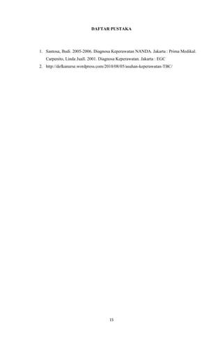 15
DAFTAR PUSTAKA
1. Santosa, Budi. 2005-2006. Diagnosa Keperawatan NANDA. Jakarta : Prima Medikal.
Carpenito, Linda Juall. 2001. Diagnosa Keperawatan. Jakarta : EGC
2. http://defkanurse.wordpress.com/2010/08/05/asuhan-keperawatan-TBC/
 