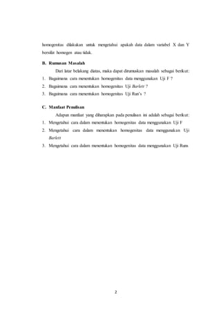 Statistika Uji Homogenitas (Uji Fmax, Uji Barlett, dan Uji Runs) | DOCX