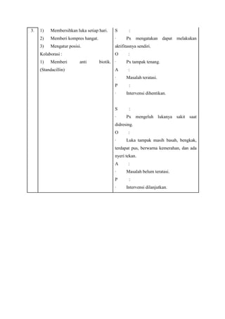 3.

1)

Membersihkan luka setiap hari.

S

:

2)

Memberi kompres hangat.

·

Px

3)

Mengatur posisi.

aktifitasnya sendiri.

Kolaborasi :
1)

Memberi

(Standacillin)

O
anti

biotik. ·
A
·
P
·

S
·

mengatakan

dapat

melakukan

:
Px tampak tenang.
:
Masalah teratasi.
:
Intervensi dihentikan.

:
Px mengeluh lukanya sakit saat

didresing.
O
·

:
Luka tampak masih basah, bengkak,

terdapat pus, berwarna kemerahan, dan ada
nyeri tekan.
A
·
P
·

:
Masalah belum teratasi.
:
Intervensi dilanjutkan.

 