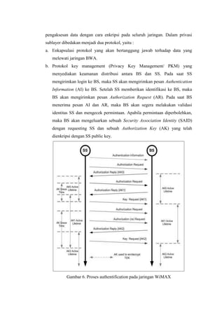 pengaksesan data dengan cara enkripsi pada seluruh jaringan. Dalam privasi
sublayer dibedakan menjadi dua protokol, yaitu :
a. Enkapsulasi protokol yang akan bertanggung jawab terhadap data yang
   melewati jaringan BWA.
b. Protokol key management (Privacy Key Management/ PKM) yang
   menyediakan keamanan distribusi antara BS dan SS. Pada saat SS
   mengirimkan login ke BS, maka SS akan mengirimkan pesan Authentication
   Information (AI) ke BS. Setelah SS memberikan identifikasi ke BS, maka
   BS akan mengirimkan pesan Authorization Request (AR). Pada saat BS
   menerima pesan AI dan AR, maka BS akan segera melakukan validasi
   identitas SS dan mengecek permintaan. Apabila permintaan diperbolehkan,
   maka BS akan mengeluarkan sebuah Security Association Identity (SAID)
   dengan requesting SS dan sebuah Authorization Key (AK) yang telah
   dienkripsi dengan SS public key.




           Gambar 6. Proses authentification pada jaringan WiMAX
 