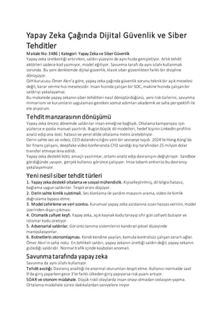 Yapay Zeka Çağında Dijital Güvenlik ve Siber Tehditlerin Dönüşümü | PDF