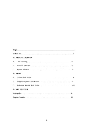 2
Logo..............................................................................................................................i
Daftar Isi………………………………………………………………………….. ii
BAB I PENDAHULUAN
A. Latar Belakang………………………………………………………………iii
B. Rumusan Masalah…………………………………………………………..iv
C. Tujuan Penulisan…………………………………………………………….iv
BAB II ISI
A. Defenisi Roh Kudus...................................................……………………........v
B. Fungsi dan peran Roh Kudus………………………………………………vii
C. Jenis-jenis karunia Roh Kudus………………………………………………viii
BAB III PENUTUP
Kesimpulan………………………………………………………………….......10
Daftar Pustaka………………………………………………………………….11
 