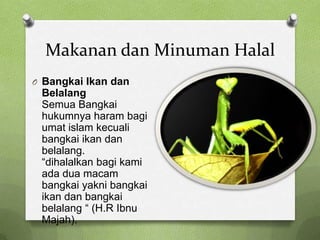 Makanan dan Minuman Halal
O Bangkai Ikan dan
 Belalang
 Semua Bangkai
 hukumnya haram bagi
 umat islam kecuali
 bangkai ikan dan
 belalang.
 “dihalalkan bagi kami
 ada dua macam
 bangkai yakni bangkai
 ikan dan bangkai
 belalang “ (H.R Ibnu
 Majah).
 