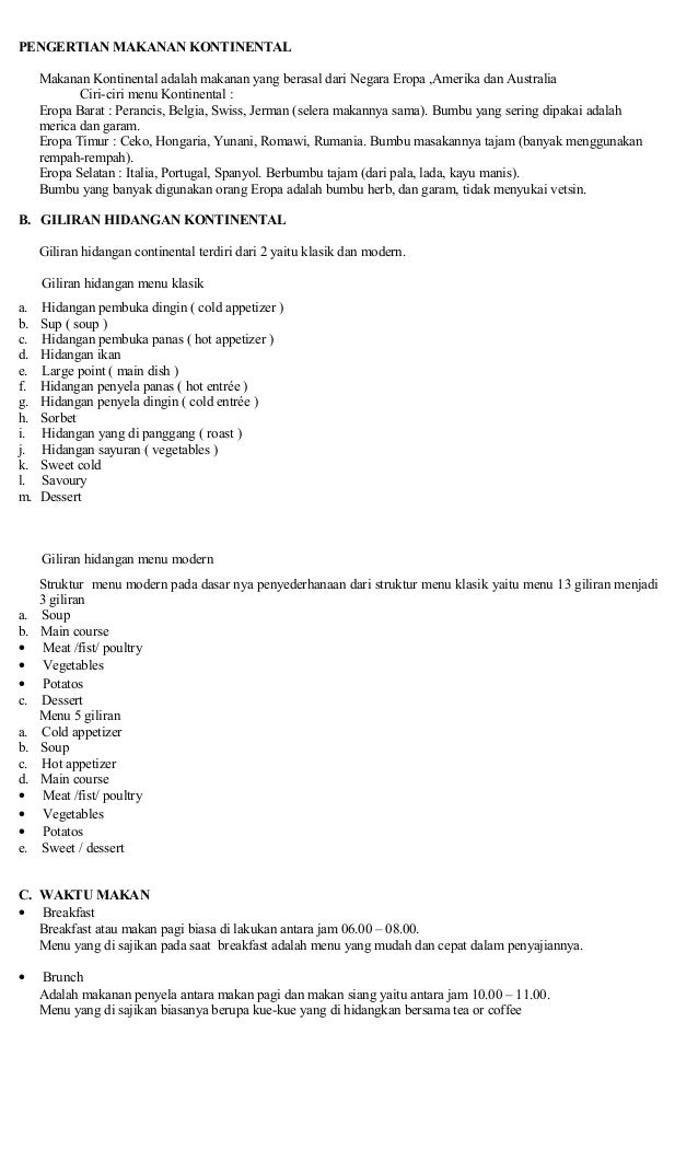 Susunan menu kontinental