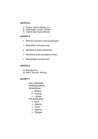 AKTIVITI 4:

   A. Protein, Garam Mineral, Air
   B. Karbohidrat, Lemak , Protein
   C. Vitamin Dan Garam Mineral

AKTIVIT...