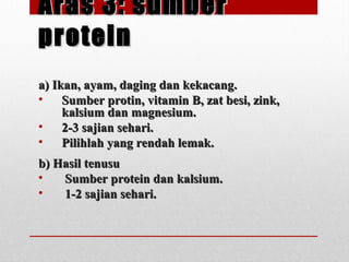 Aras 3: sumberAras 3: sumber
proteinprotein
a) Ikan, ayam, daging dan kekacang.a) Ikan, ayam, daging dan kekacang.
• Sumber protin, vitamin B, zat besi, zink,Sumber protin, vitamin B, zat besi, zink,
kalsium dan magnesium.kalsium dan magnesium.
• 2-3 sajian sehari.2-3 sajian sehari.
• Pilihlah yang rendah lemak.Pilihlah yang rendah lemak.
b) Hasil tenusub) Hasil tenusu
• Sumber protein dan kalsium.Sumber protein dan kalsium.
• 1-2 sajian sehari.1-2 sajian sehari.
 