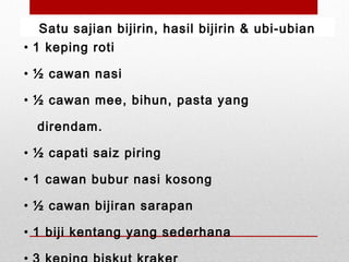 Satu sajian bijirin, hasil bijirin & ubi-ubian
• 1 keping roti
• ½ cawan nasi
• ½ cawan mee, bihun, pasta yang
direndam.
• ½ capati saiz piring
• 1 cawan bubur nasi kosong
• ½ cawan bijiran sarapan
• 1 biji kentang yang sederhana
 