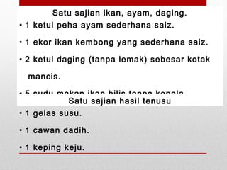 Satu sajian ikan, ayam, daging.
• 1 ketul peha ayam sederhana saiz.
• 1 ekor ikan kembong yang sederhana saiz.
• 2 ketul daging (tanpa lemak) sebesar kotak
mancis.
• 5 sudu makan ikan bilis tanpa kepala.
Satu sajian hasil tenusu
• 1 gelas susu.
• 1 cawan dadih.
• 1 keping keju.
 