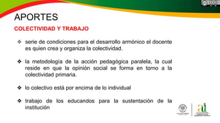 APORTES
COLECTIVIDAD Y TRABAJO
❖ serie de condiciones para el desarrollo armónico el docente
es quien crea y organiza la colectividad.
❖ la metodología de la acción pedagógica paralela, la cual
reside en que la opinión social se forma en torno a la
colectividad primaria.
❖ lo colectivo está por encima de lo individual
❖ trabajo de los educandos para la sustentación de la
institución
 