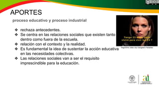 proceso educativo y proceso industrial
❖ rechaza antecedentes.
❖ Se centra en las relaciones sociales que existen tanto
dentro como fuera de la escuela.
❖ relación con el contexto y la realidad.
❖ Es fundamental la idea de sustentar la acción educativa
en las necesidades colectivas.
❖ Las relaciones sociales van a ser el requisito
imprescindible para la educación.
APORTES
fragmento video clip Gangsta's Paradise.
 